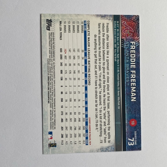 2015 Topps Freddie Freeman Baseball Card #73 and NL-4 - Picture 2 of 4